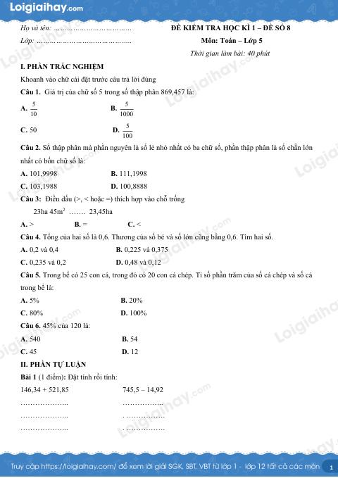 Đề kiểm tra học kì 1 Toán 5 - Đề số 8